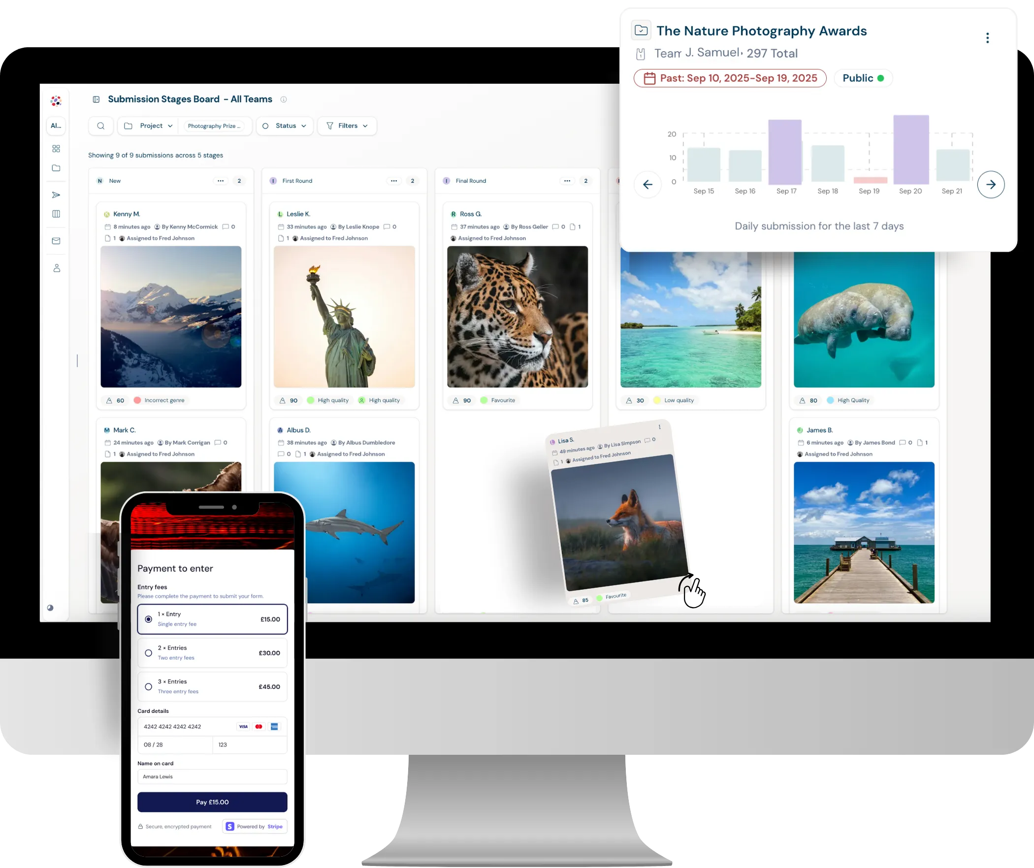 Dapple's visual board for a photography award, with entries moving through judging rounds, a submissions chart and an entry-fee checkout on mobile