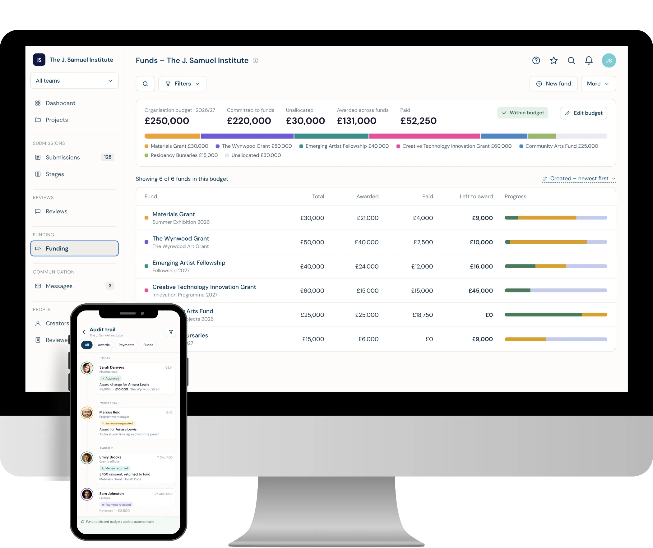 Grant funds overview with budget, awarded and paid totals, and the audit trail on mobile, in Dapple