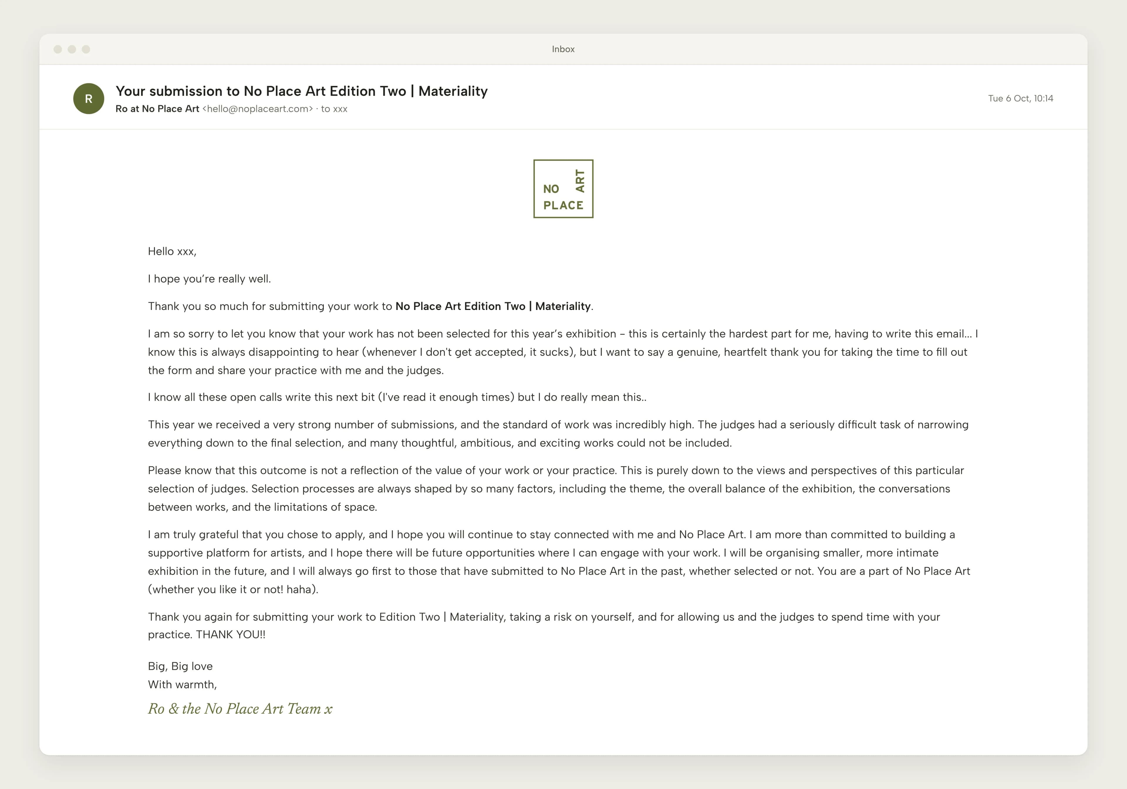 No Place Art's rejection email for its Edition Two: Materiality open call, signed by Ro and the No Place Art team